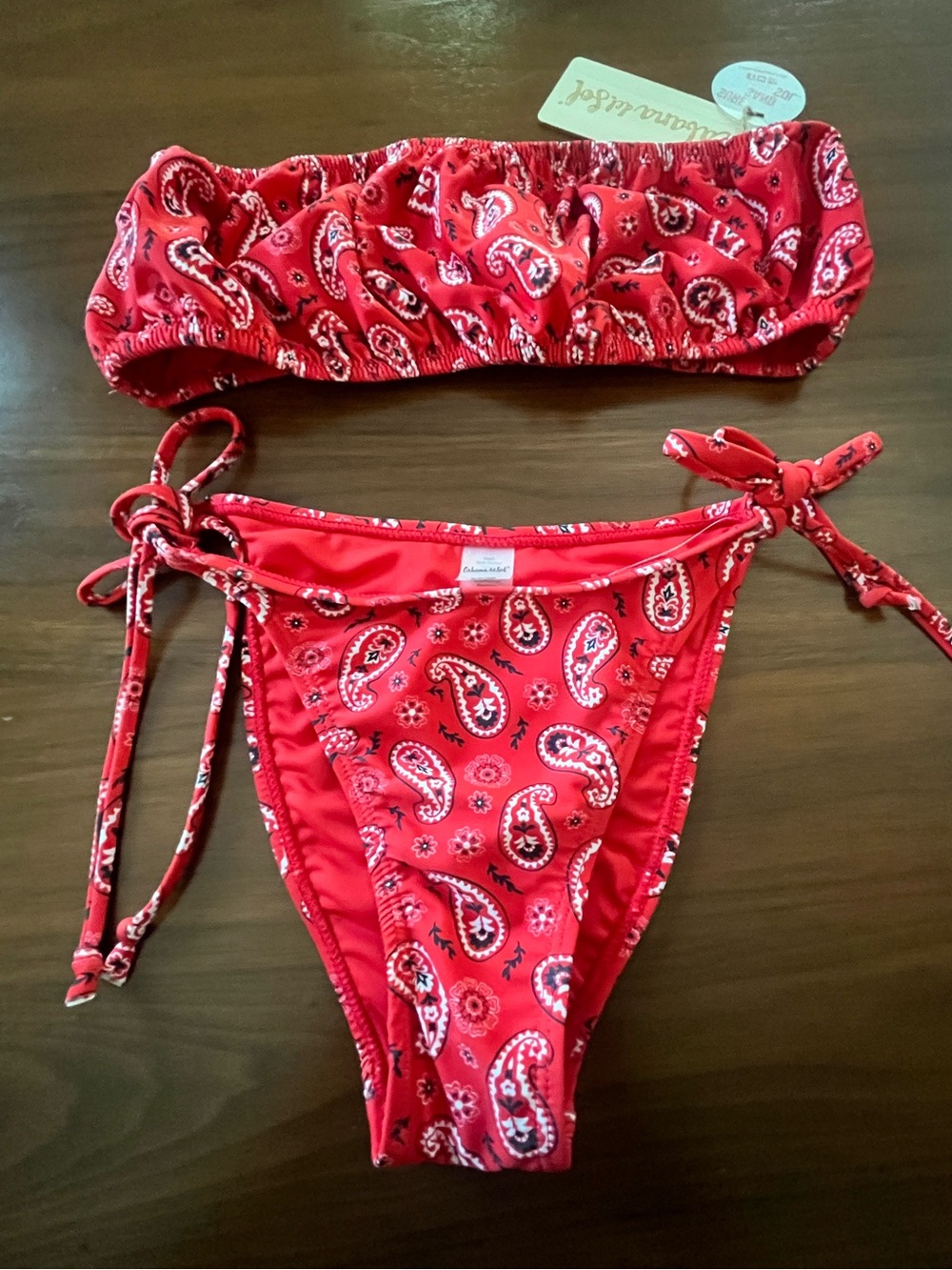 Cabana Del Sol Red Paisley Bandeau Tie-Side Bikini Set